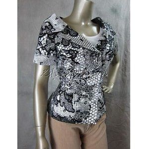 NWT TULEH Black Off White Floral Lace Art Print Fitted Silk Top Jacket 8